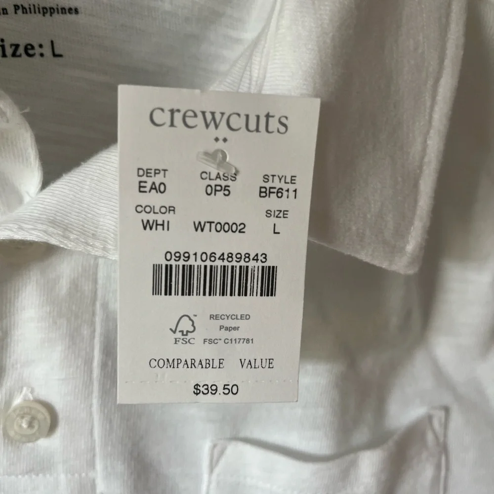 J. Crew Crewcuts Boys Large White Short Sleeve Polo Shirt NWT with chest pocket
